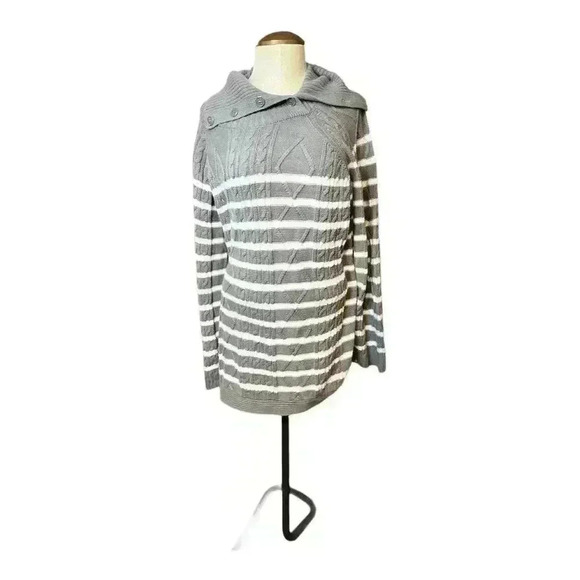 Croft & Barrow Women's 2XL Gray Cable-Knit Striped V-Neck Sweater - Picture 3 of 8